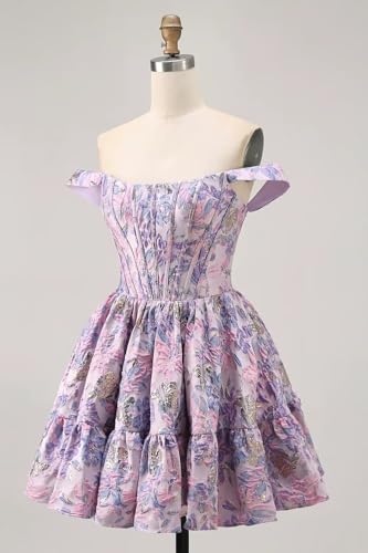Short Homecoming Dresses for Teens Floral Print Satin Off The Shoulder A Line Prom Cocktail Dress4