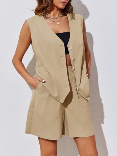 Cicy Bell Womens Summer Blazer Vest 2 Piece Sets V Neck Sleeveless Button Down Waistcoat and High Waisted Work Suit Short Set3