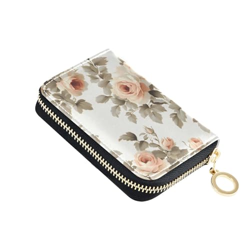 RFID Credit Card Wallet Beige Flower Leaves White Pattern PU Leather Purse Case with Zipper Card Holder for Women Girls