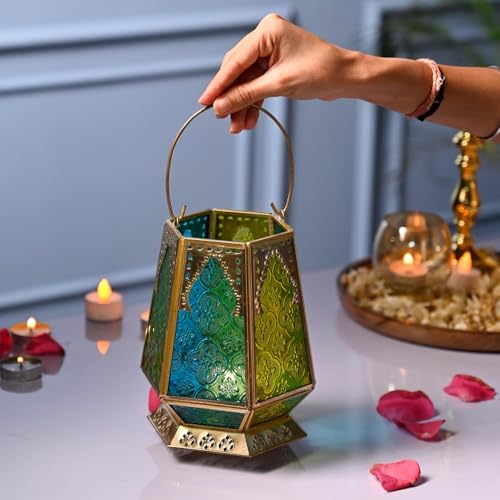 Image of MARKET 99 Metal + Glass Hexagon Tea Light Candle Holders | Multicolor Votive Holders for Diwali, Christmas, Weddings & Birthdays | Decorative T-Light Stand for Home Decor, Festive Lighting & Gifting