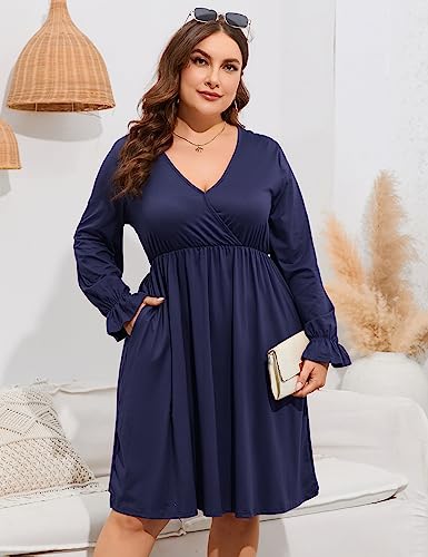 Image of ShopWonder Plus Size Dress Women's V Neck A-Line Knee Length Wrap Swing Dresses Plus Size A Line Party Mini Dress