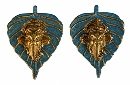 Charmy Crafts Small Metal Ganesha On Leaf, Wall Hanging, Room Decor, Best Housewarming, Gifts Article For Wall Decor Set Of 2(Sunny Golden Finish) (Chlorine Blue) #TOP4