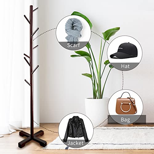 Wooden Coat Rack Stand With 8 Hooks Hall Tree Bamboo Coat Hanger Freestanding Entryway,Hallway, Bedroom, Office For Clothes, Jacket, Scarves (Brown) #TOP1