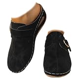 Suède ronde neus wig sandalen, vrouwen orthopedische boog ondersteuning brede breedte wig sandalen holle gesloten teen gesp verstelbare slip op slippers (Zwart,42)
