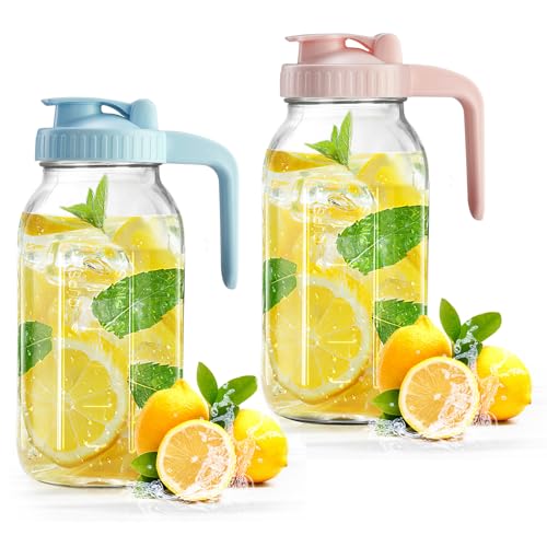 2 Pack Mason Jar with Pour Spout Lid V-shaped, 2 Quart Iced Tea Pitcher Double Leak Proof, 64 oz Drink Pitcher for Breastmilk, Sun Tea, Juice, Coffee Creamer, Formula Pitche