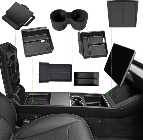 7 PCS Center Console Organzier Tray for Tesla Model Y Juniper 2025, Armrest Hidden Storage Box Cup Holder Wireless Charger Pad for Tesla Accessories 2025 (ABS, Model Y Juniper 2025)
