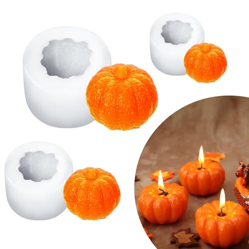 Lot de 3 moules en silicone en forme de citrouille, d'automne, de bougie en forme de citrouille, d'automne, Halloween, Thanksgiving, pour bougies, savons, chocolats, artisanat