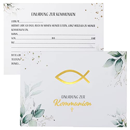 BETESSIN 12 x Einladungskarten zur Kommunion Din-A6 Karten mit Elegantes Blättermotiv und Umschlägen für Einladungen zur Erstkommunion Jungen und Mädchen Sakrament Dekoration usw.