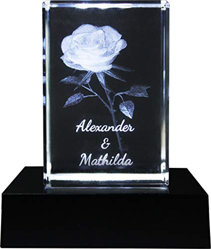 Galerie Kristall Quader mit Rose inkl. Wunsch-Namen oder Wunsch-Text mit LED-Licht-Sockel (50 x 50 x 80mm, Rose)