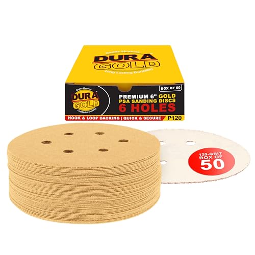 Dura-Gold Premium 120 Grit 6" Gold Sandpaper Discs, 6 Hole Pattern Dustless, Box of 50 - Hook & Loop Backing for DA Sander, Finishing Coarse Sanding Abrasive Automotive Paint, Woodworking Wood, Metal