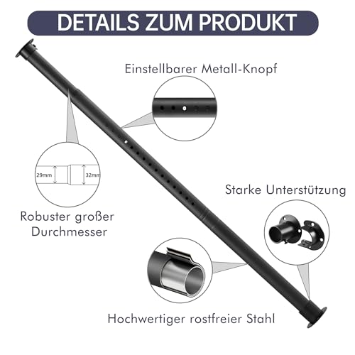 32mm Garderobenstange, Schwarze Schrank Teleskopstange,74-130cm Kleiderstange mit Metallhalterungen，1 Set Kleiderstange Wandmontage