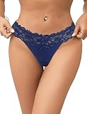 ohyeah Sexy Lace Panties G-String Thongs for Women Cotton Crotch Low Rise Underwear Cheeky Tanga Panties Navy Blue, M-L