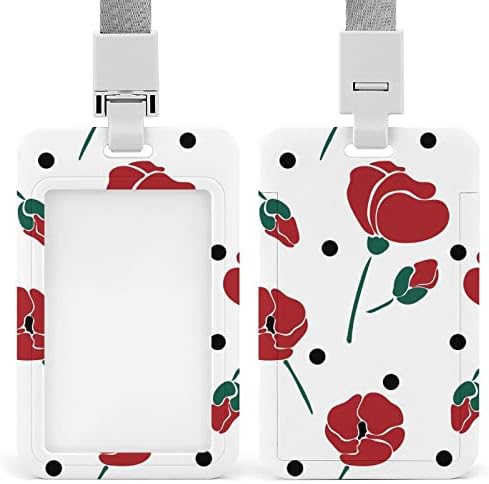 ID Badge Holder Plastic with Lanyard Poppies Flower Polka Dot Work Badge Holder for Women Nurse Kids Teacher Doctor Student Offices Staff