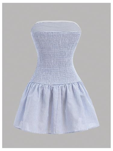 Verdusa Girl's Striped Strapless Tube Dress Summer Ruched Shirred Princess Dress2