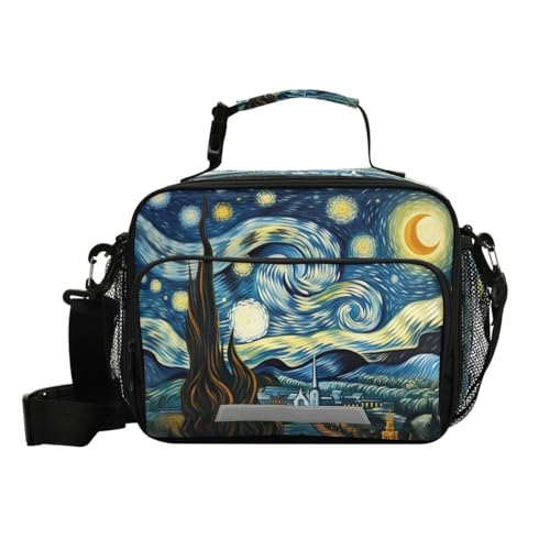 JUMBEAR Van Gogh - Lonchera Portabocadillo con diseño de cielo estrellado, impermeable, reutilizable, con correa de hombro desmontable, con cremallera, para escuela, oficina, viajes, picnic