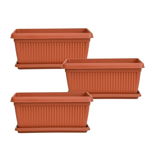 Image of UGAOO Bellow Rectangle Window Planter - Set of 3 | Terracotta Colour | Long & Deep Planters for Balcony Railings, Windowsills & Gardens | Lightweight, Durable & Recyclable | Matte Finish