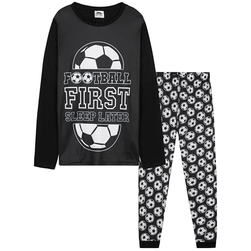 CityComfort Pijama Niño Manga Larga Invierno Pijamas Divertidos Niños Juvenil Chico Largo con Diseño Fútbol Ropa de Dormir (13-14 Años, Negro Football)