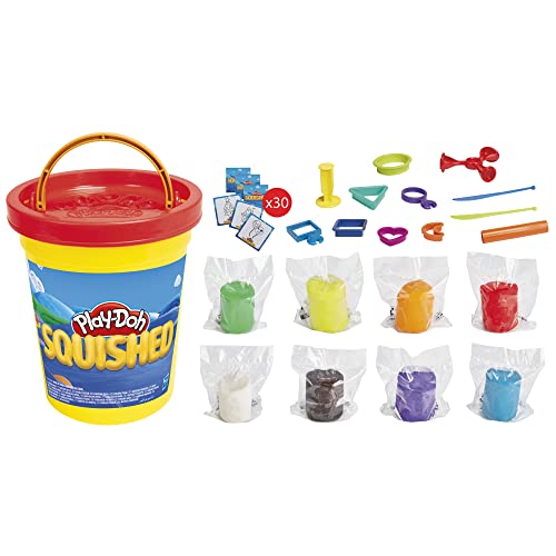 Play-Doh Squished Creative Challenge Set with 4 Activities for Kids 5 Years and Up, 30 Challenge Cards, Mega Can with 8 Modeling Compound Colors