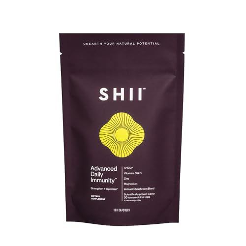 SHII Advanced Daily Immunity Mushroom Supplement with Vitamin D3, Vitamin C, and Zinc, Supports a Healthy Immune System, 500mg AHCC per Serving, 120 Capsules per Pack