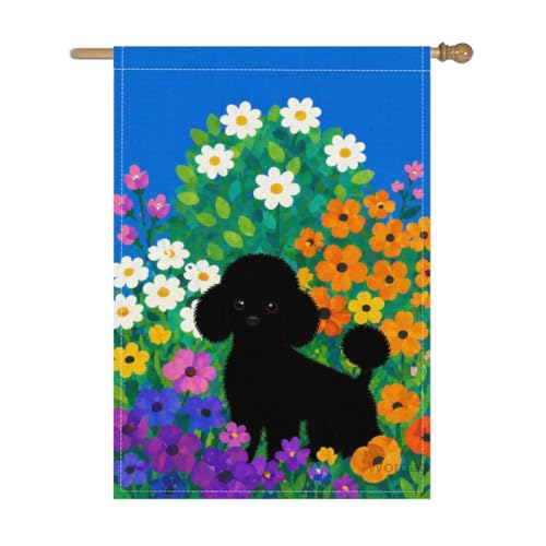 Wordatu Hello Summer Flower Poodle Garden Flag 28x40 Inch Vertical Double Sided Farmhouse Holiday Outside Decorations Yard Flag Spring and Summer Black shadow (18276)
