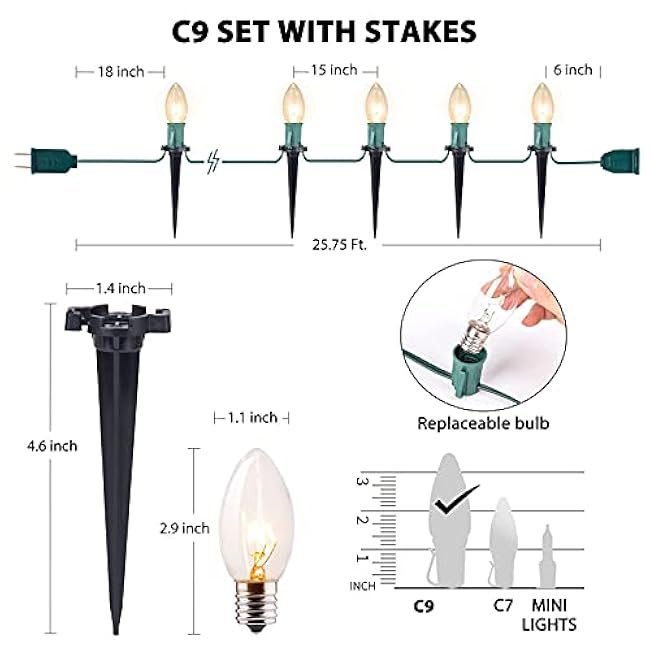 C9 Christmas Lights Outdoor, 25.7 Ft 20 Bulbs Christmas Pathway Lights, Waterproof Walkway Lights for Outside Driveway Sidewalk Outdoor Christmas Decorations Yard, Clear