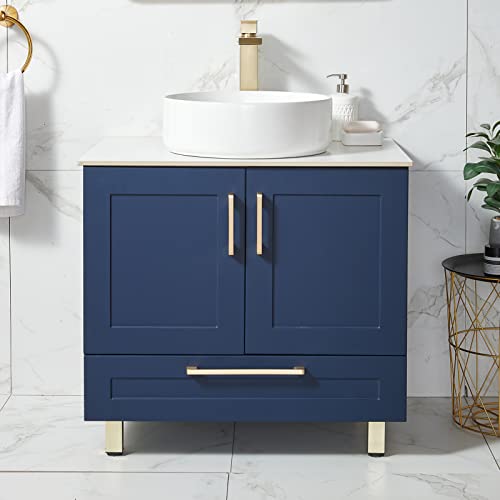 Popity 30”Bathroom Vanity With Sink Combo, Bathroom Cabinet With Round Vessel Sink Basin Top, Blue Storage Cabinets With Golden Stainless Steel Handles,Bath Sink Vanity With 2 Doors 1 Drawer #TOP23