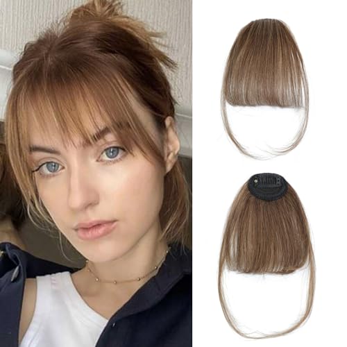Flequillo Francés Postizo Pelo Natural Clip 100% Humano Cabello Flequillo Templo Extensión Flequillo Clip para Mujeres,Castaño medio (Marrón claro)
