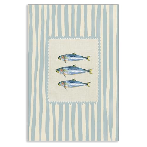 Leetideful Sardines Fish Canvas Wall Art, Blue Beige Stripe Fish Painting Poster, Dopamine Charming Kitchen Food Print, Coastal Summer Vibe Picture for Dining Room Wall Decor 8x12in Unframed