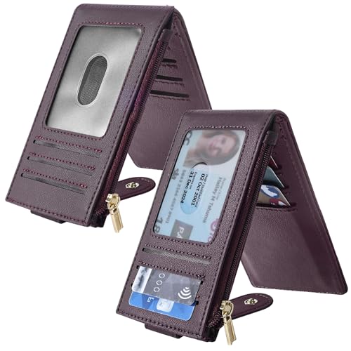 Image of Chelmon Womens Wallet Slim RFID Blocking Bifold Multi Card Case Wallet with Zipper Pocket (Wine Red) | Thin Bifold Multi Card Case with Zipper Coin Pocket Purse for Women