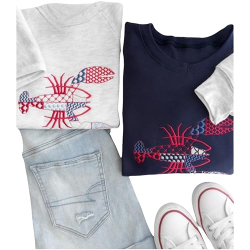 Lobster Patchwork Embroidered Sweatshirt – Nautical Summer Crewneck, Patriotic USA Coastal Shirt, Lightweight Embroidered Beach Pullover for Women & Men Multi4