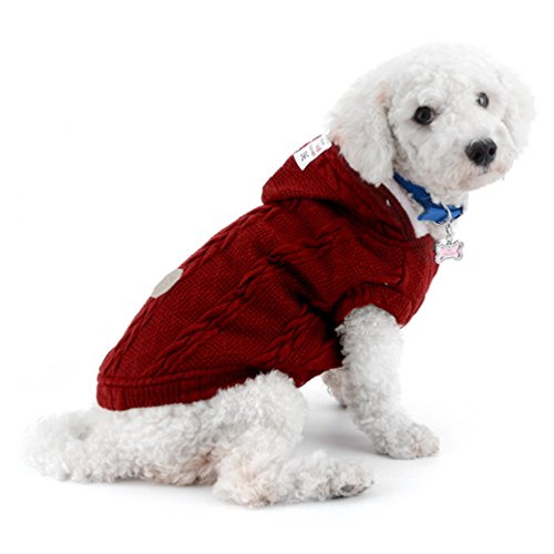 SMALLLEE_LUCKY_STORE Knitted Dog Clothes Jumper with Hood Warm Hoodie Jacket Coat for Small Dogs Red L, wine red