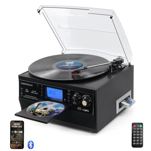 DIGITNOW 9-in-1 Record Player with Stereo Speaker, 3-Speed Turntable for Vinyl, CD/Cassette Player, Bluetooth, USB/SD Playback, AM/FM Radio, Aux-in, Remote Control (Black)
