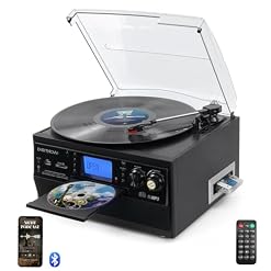 DIGITNOW 9-in-1 Record Player with Stereo Speaker, 3-Speed Turntable for Vinyl, CD/Cassette Player, Bluetooth, USB/SD Playback, AM/FM Radio, Aux-in, Remote Control (Black) - Les Beatles, Paul McCartney, John Lennon, RIngo Starr, George Harrison