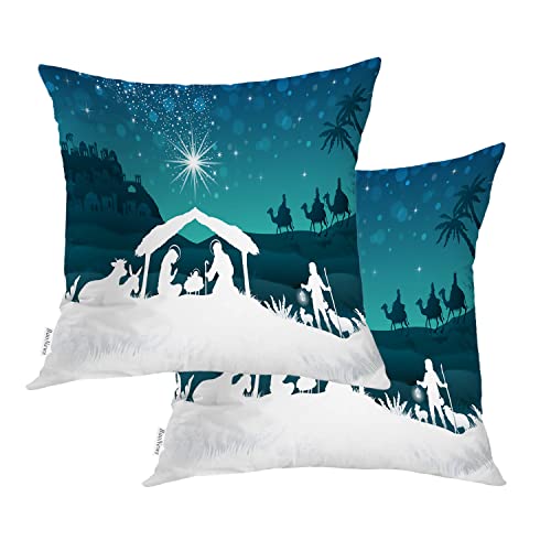 Baonews Christmas Christ Scene Throw Pillow Covers,Christmas Star And Nativity Scene Cushion Cover Digital Blended Hidden Zipperl Decorative Pillowcases For Hair Skin Square 22X22 In 2 Pcs #TOP26