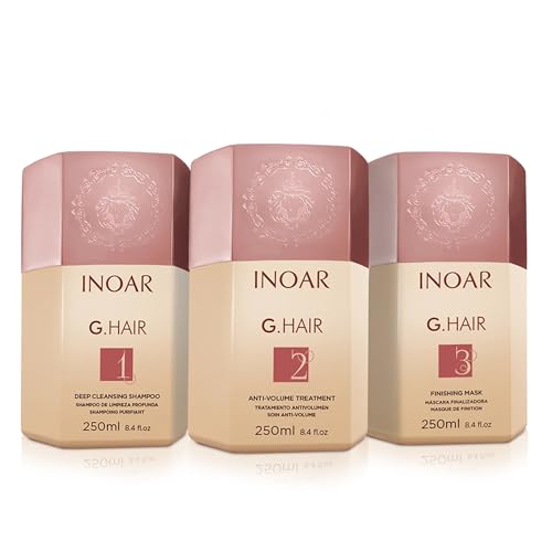 Inoar G.Hair Keratin Smoothing System Set, Deep Cleansing Shampoo, Smoothing Treatment & Finishing Mask with Keratin, Shea Butter & Coconut Oil, 8.4 fl oz Each​