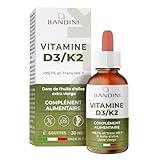 Bandini® Vitamine D3 K2 Gouttes 1000 UI à Forte Dose, D3+K2 Végétarien & Liquide (99,7% All-Trans MK-7), Gouttes des Vitamines D3 et K2, Hautement Dosée en huile d’olive, Fortement Dosé, Biodisponible