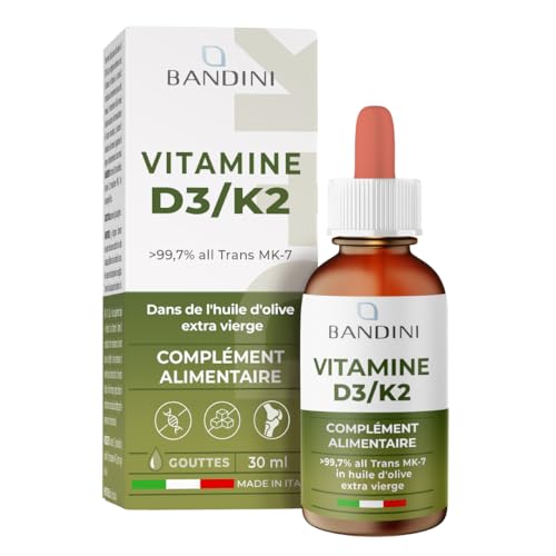 Bandini® Vitamine D3 K2 Gouttes 1000 UI à Forte Dose, D3+K2 Végétarien & Liquide (99,7% All-Trans MK-7), Gouttes des Vitamines D3 et K2, Hautement Dosée en huile d’olive, Fortement Dosé, Biodisponible
