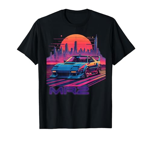 Neon Dreams: 90s Japanese Sports Car MR2 in Cyberpunk City T-Shirt, Men, Black, Large