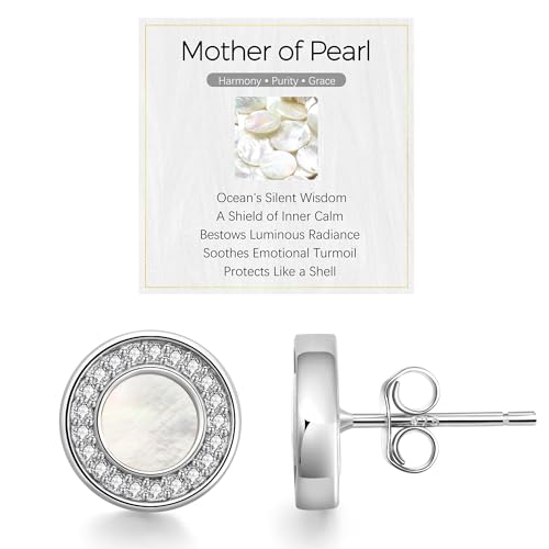 JENDEAR Mother of Pearl Stud Earrings for Women 925 Sterling Silver 5A Cubic Zirconia Hypoallergenic Natural Gemstone Round Studs, Diameter 10mm, with Quote Card and Gift Box (Silver)