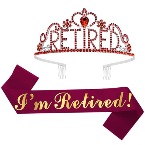JETKONG Retirement Party Decorations Retired Tiara/Crown, Retired Sash for Women Retirement Gifts, Retirement Party Supplies, Gifts, Favors (Burgundy Red)