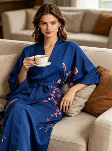 Image of Women's Classic 100% Silk Kimono Robe, Bathrobe-Printed Pattern