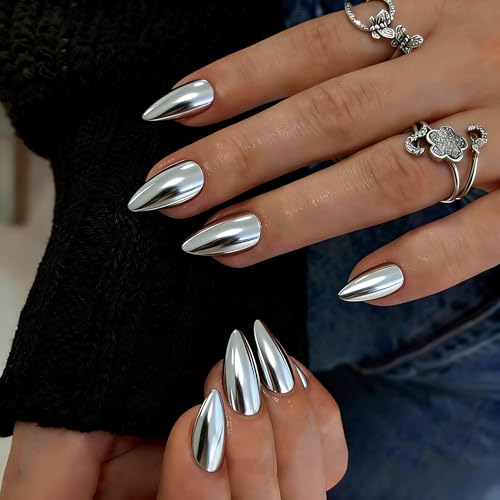 KXAMELIE Chrome Press On Nails Short Almond - Glazed White
