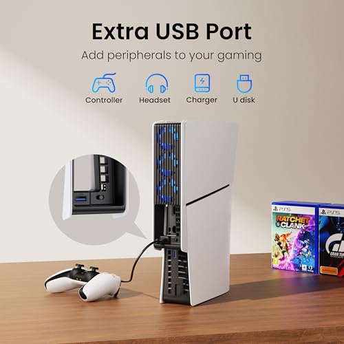 Cooling Fan for PS5 Slim, KIWIHOME Efficient Cooling Accessories with 3 Larger Fans, Adjustable Speed, Auto On/Off, USB3.0 Port & LED, Not for PS5 2020/Pro 2024