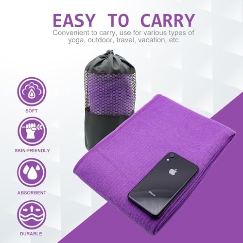 WELEQUT Hot Yoga Towel - Microfiber Non Slip Yoga Mat Towel with Grip Dot Sweat Absorbent Towel for Hot Yoga, Pilates and Fitness 72\" x 24\", Purple - Thumbnail 4
