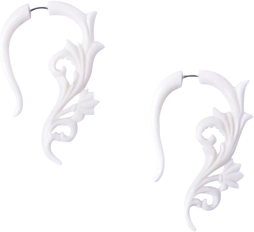 81stgeneration Rococo Scroll Fake Ear Tapers for Women - White Carved Bone Jewelry - Floral Vine Carving - Men's Fake Stretcher Earrings - Fake Tribal Gauges - Bone Earrings Halloween