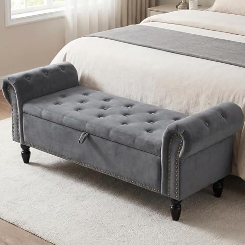 Clevich Storage Bench 133cm, Velvet Fabric Storage Box, Indoor Footstool, Bed Bench, Storage Chest with Armrests for Living Room, Bedroom, Hallway (Grey)