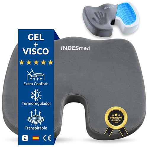 INDESMED Cojín Antiescaras Gel + Viscoelástico de Alta Densidad Premium Memory Foam | Funda Terciopelo Lavable con Antideslizante Ergonómico, para Oficina, Hogar, Silla de Ruedas, Coche | 45x35x7cm