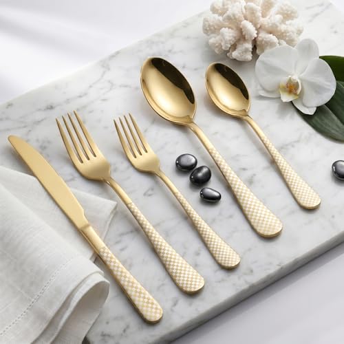 Image of Aurum Gold Silverware Set | Satin Finish 5-Piece Flatware Set with Unique Checks Printed Handle | Dishwasher Safe Stainless Steel Cutlery for Home, Restaurant & Gifting