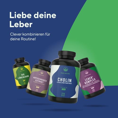Cholin Bitartrat Kapseln - 1125mg pro Portion - 270 Kapseln - hochdosiert - 3 Monate Vorrat - Für Leber, Homocystein & Fettstoffwechsel (EFSA)* - Vegan, Deutsche Produktion - TRUE NATURE®