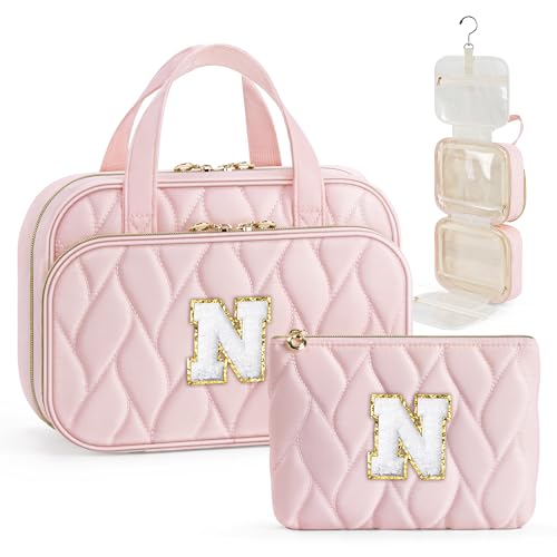 YOOLIFE Hanging Toiletry Bag for Women - Large Travel Toiletry Bag Makeup Bag, Portable Toiletries Cosmetic Bag, Airplane Travel Essentials - Letter N, Pink
